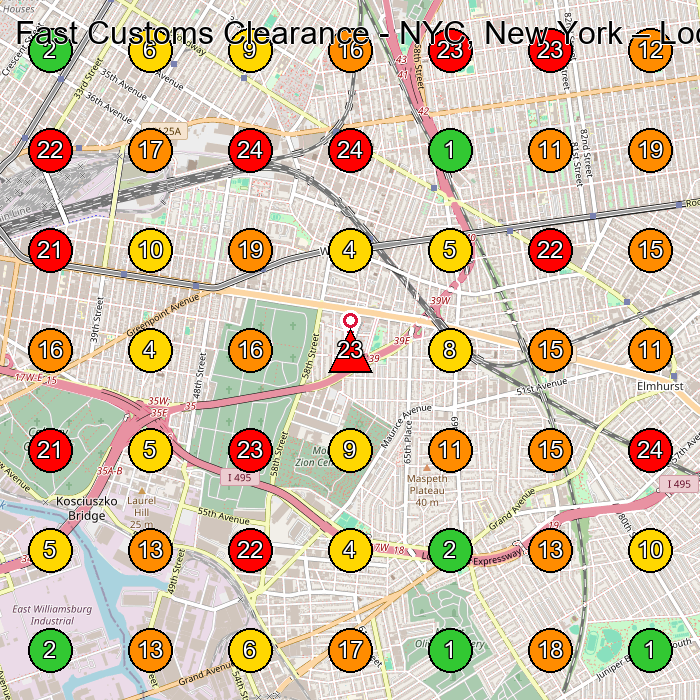 Fast Customs Clearance - NYC, New York Customs Broker GeoGrid ranking map for Queens NY